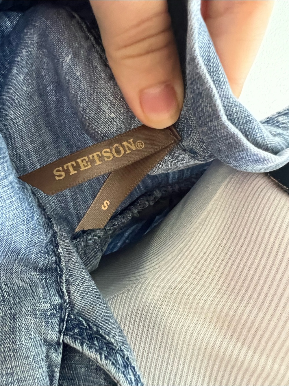Stetson Denim Ruffle Tie-Neck Blouse - Blue - Picture 3 of 4